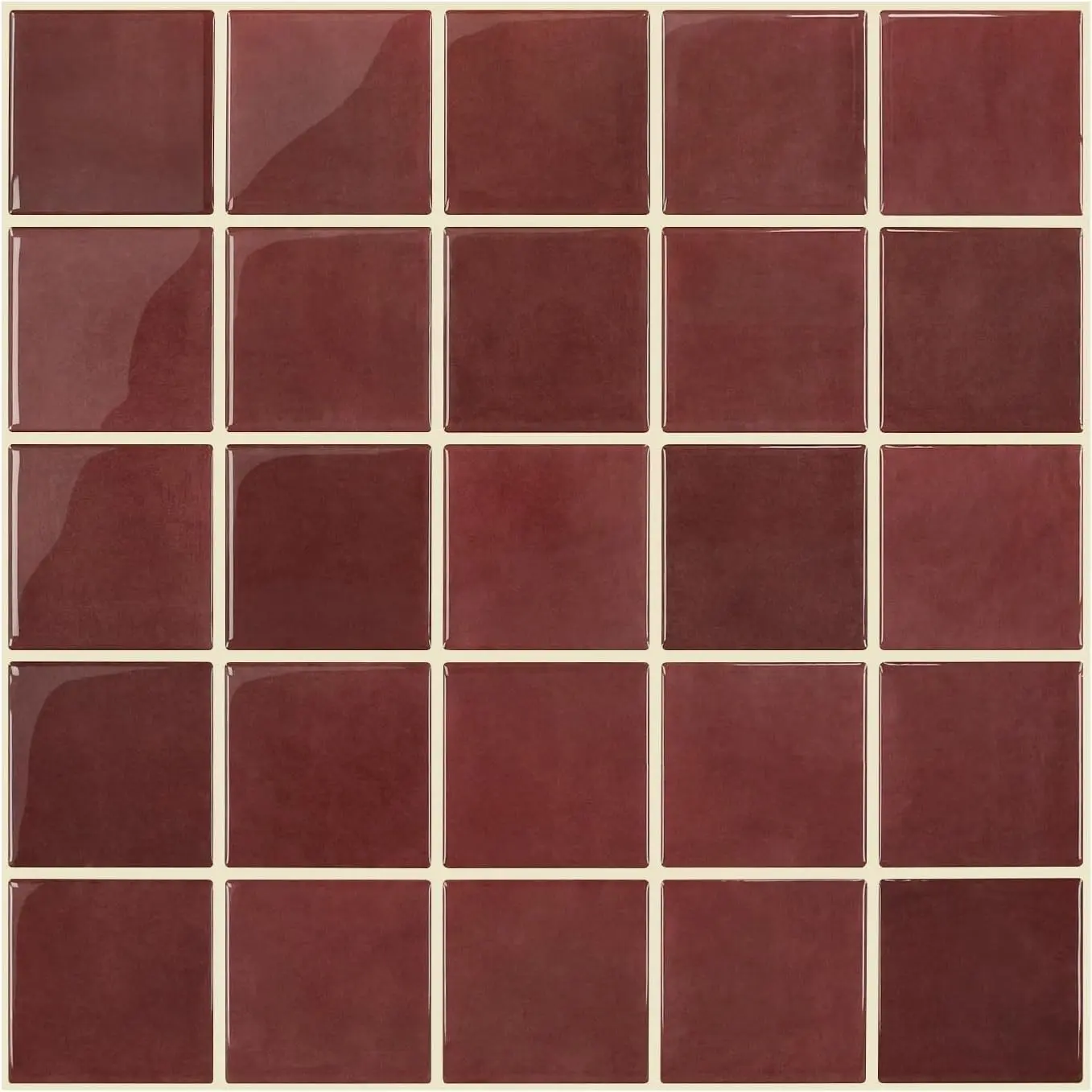 Thicker Dark Red Peel and Stick Backsplash Tiles 10pcs 12"x12" 3D Adhesive Glossy Square Panels Waterproof Vinyl Tiles for Kitchen Bathroom Interior Wall