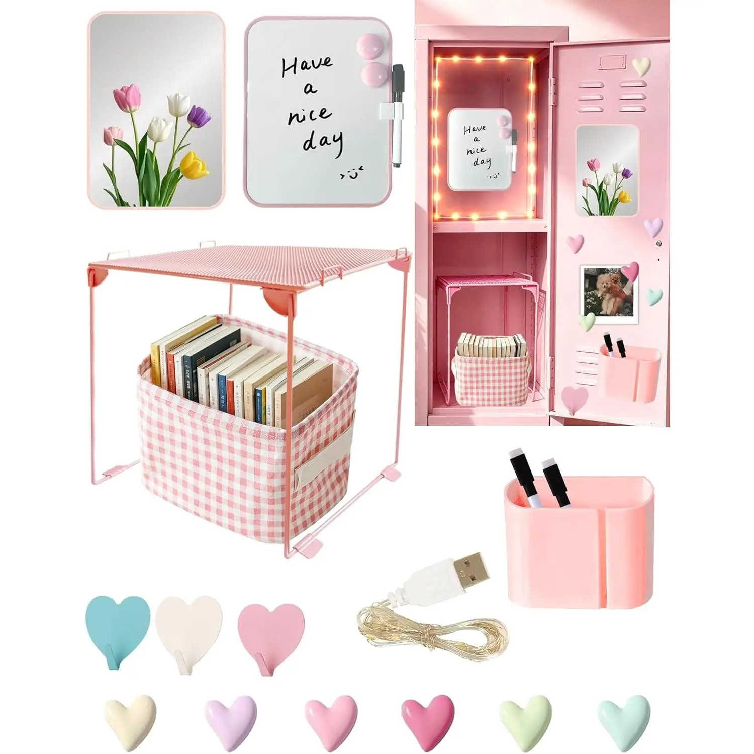 Pink Locker Accessories for Girls with Locker Shelf, Magnetic Locker Mirror & Whiteboard, Basket, Hook, Magnets, String Light, 17 Piece Locker Organizer & Decor for Work, Back to School Essentials