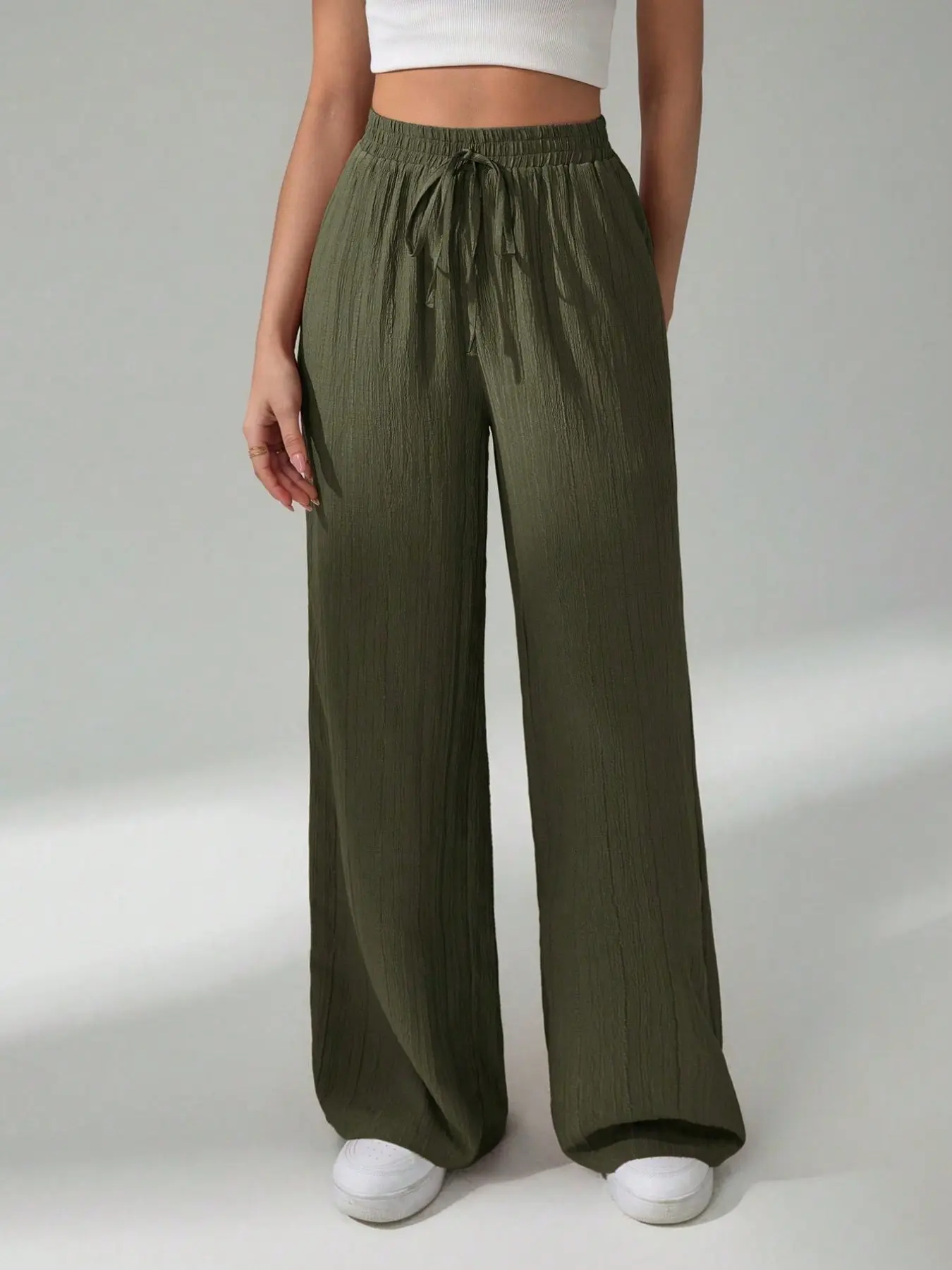 Spring Summer Thin Elastic Waist Adjustable Tie Cord Casual Pants, Versatile Daily Comfort Long Pants, Straight Leg Wide Leg Trousers