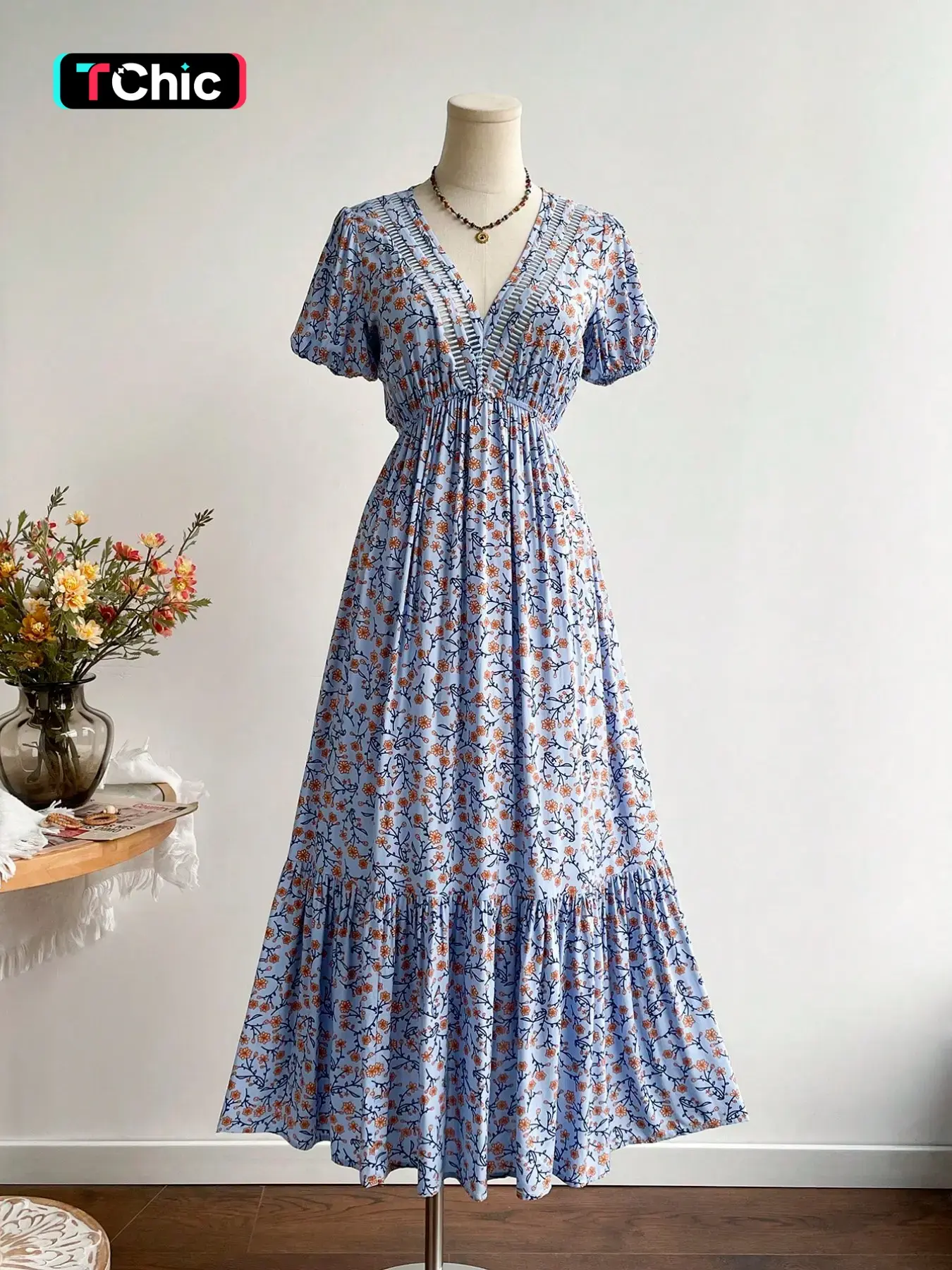 Women's Patchwork V-Neck Waist-Cropped Casual Boho Style Vacation Dress, Bohemian Style, Perfect for Easter, Beach, Hawaii, Music Festivals, Tropical Vacations