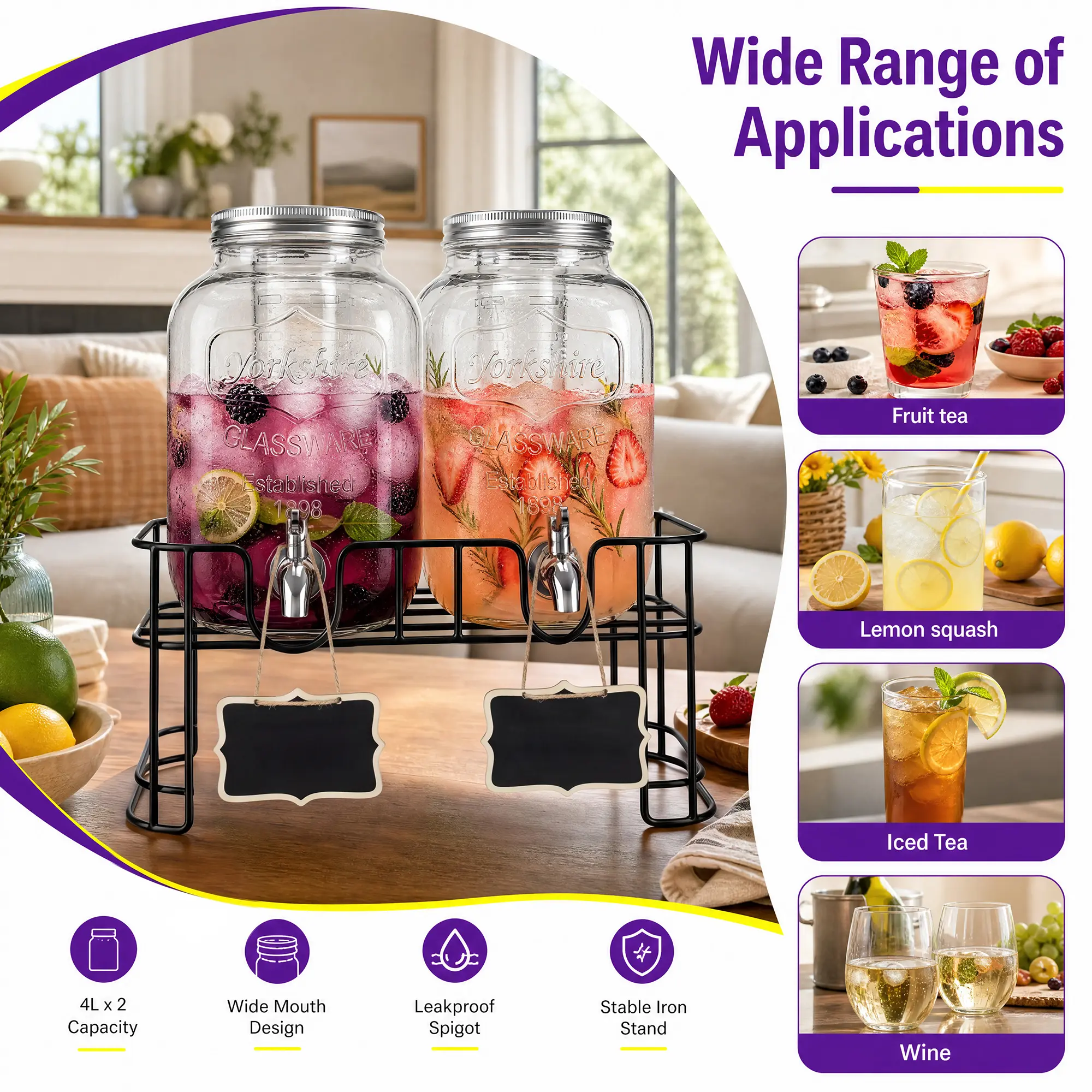 2 Pack 4L Mason Jar Glass Drink Dispenser with Metal Stand, Dual Glass Pitcher Beverage Station for Parties Wedding Backyard BBQ Daily Cold Juice Lemonade Iced Tea Storage