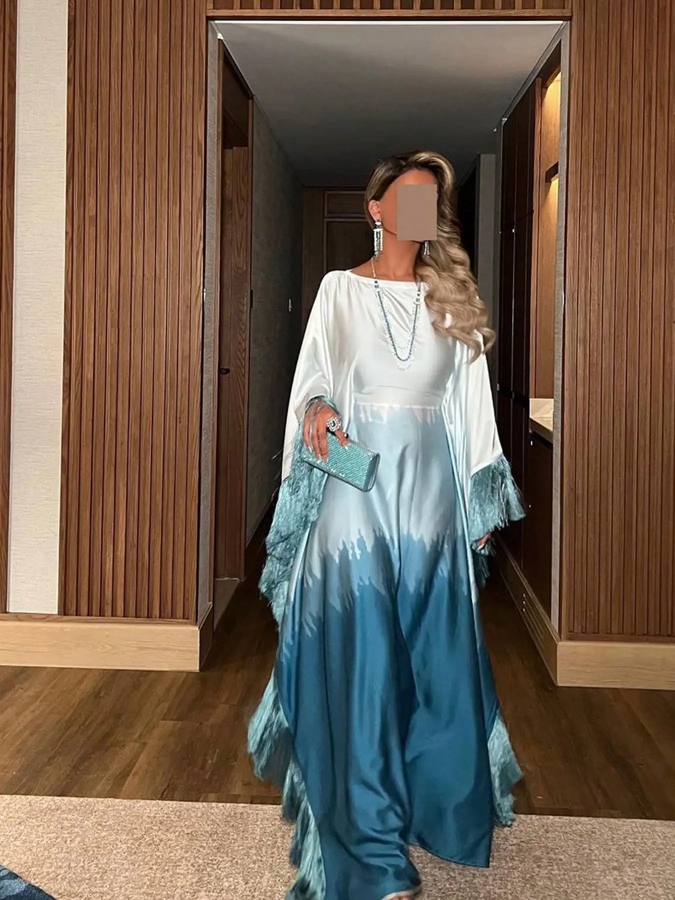 Hafizah Women's Luxury Elegance Gradient Batwing Sleeve Long Dress, Fringe Decoration, Loose Fit, Satin Texture, Formal Wear, Formal Party Gown, All Seasons