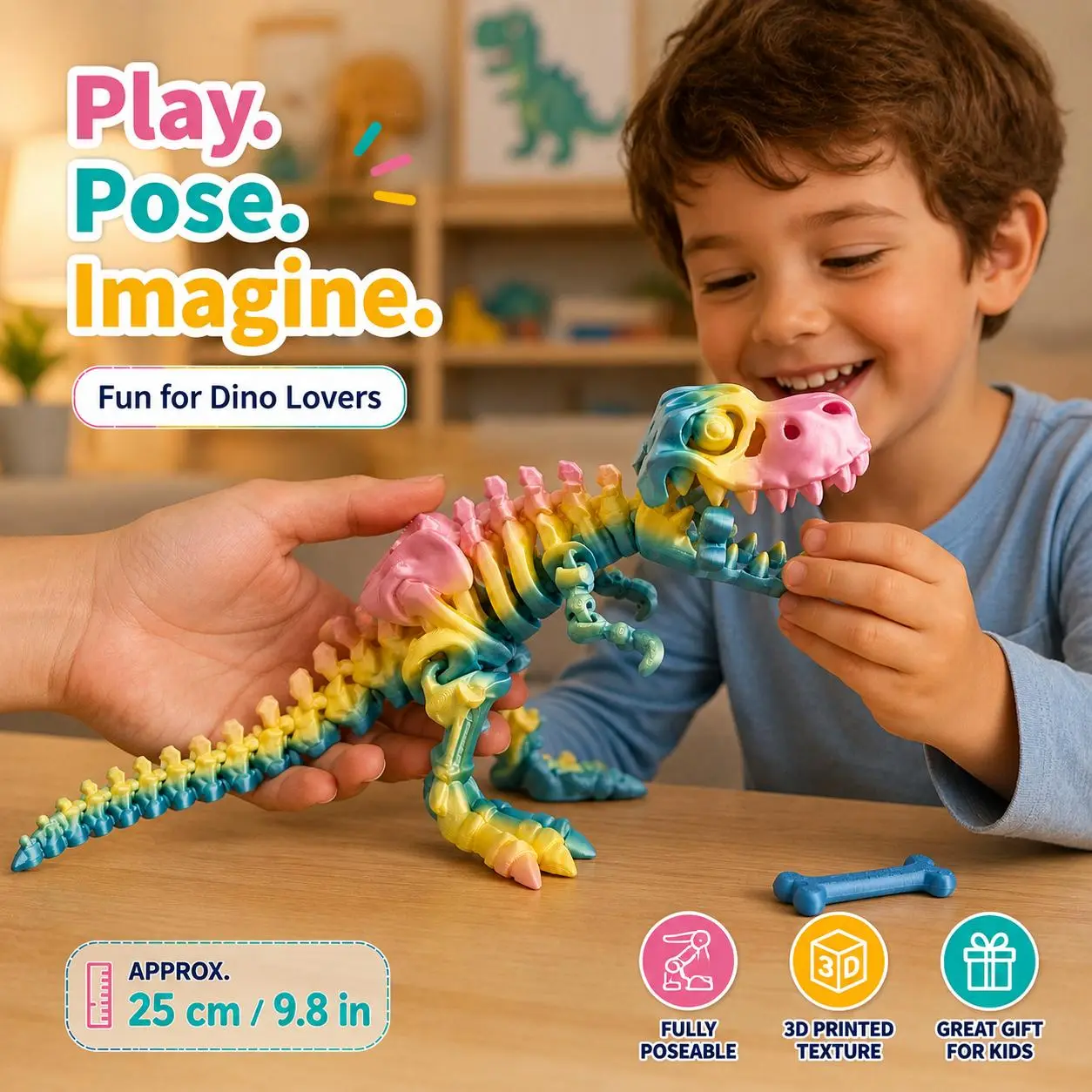 3D Printed T-Rex Skeleton Figurine, Articulated Figurines, Flexible Poseable Dino Bones Model with Movable Joints, Glow-in-the-Dark Jurassic Desk Ornament, 15cm/25cm Dino Toy, Stress Relief Fidget Gift for Adults, Kids