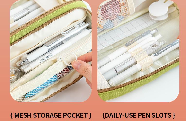 2 solid colour patchwork pencil cases with stain resistant lining, stand up design in solid colours, made canvas, large capacity, minimalist style, convenient DIY organisation, pencil stationery case