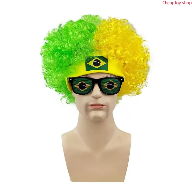 2 Pack Brazil Soccer Fan Cheer Kit, Funky Wig & Brazil Flag Printed Glasses, Adult Stadium Party Supplies, Patriotic Match Accessory, Perfect Victory Celebration Gift for Brazilian Fans, Game Watch Parties, Stadium Outings, Sports Festivals & Championshi