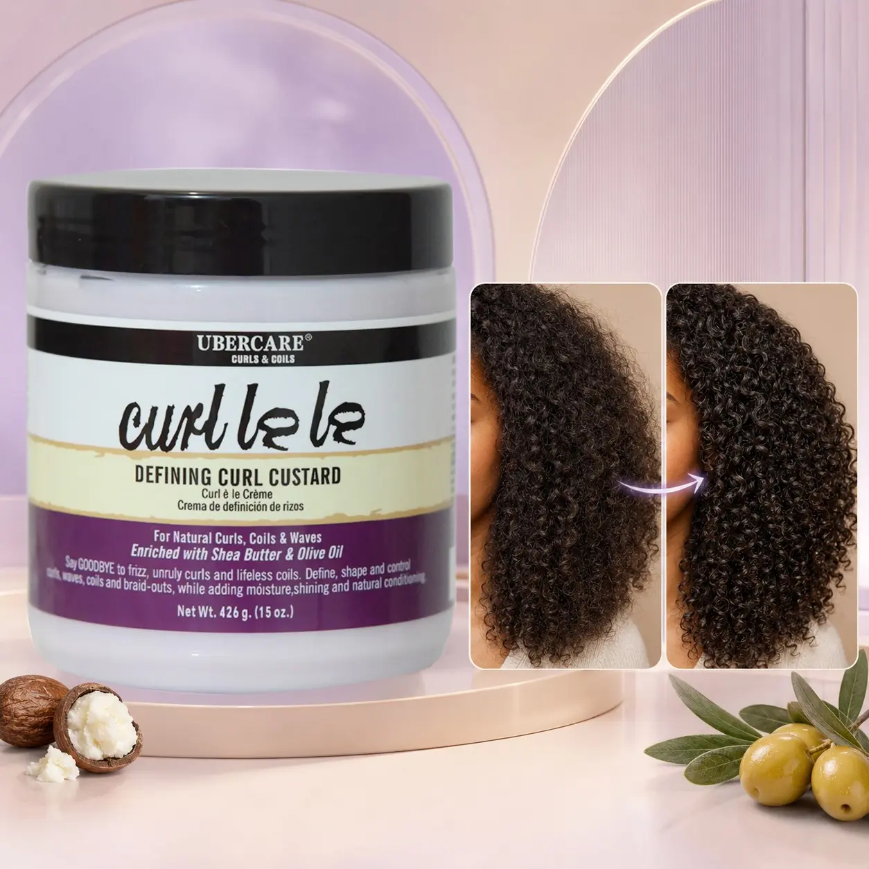 Curl Defining Cream, Wavy Hair Products, Enriched with Shea Butter & Olive Oil, Add Moisture, Shine, Lightweight Curl Defining Custard-Define, Shape and Control, for Curls, Coils and Waves, Curl Enhancing Formula, Curl Cream Curly Hair