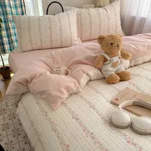 Pink Floral Bedding Set, Decorative Bedding Set, Cottagecore French Style, All-Season Use, Washed Craft Microfiber Double-Layer Gauze Fabric, Includes 1 Duvet Cover + 1 Flat Sheet + 2 Pillowcases, No Comforter or Pillow Insert Included, Bedroom Decor
