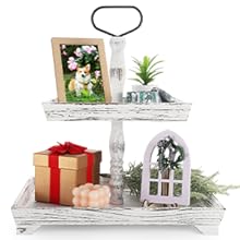 2 Tiered Stand With Metal Handle - Farmhouse Wooden Rustic Square Serving Tray for Home Kitchen Decor, Coffee Table (Distressed White)