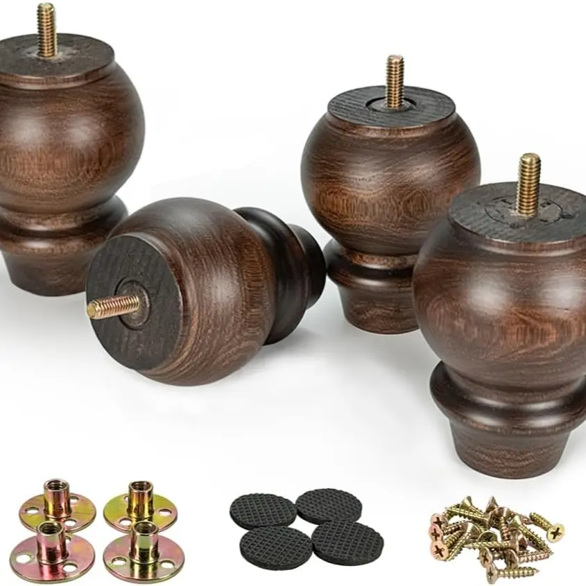 4 Inch Wooden Furniture Hardware Legs, 4 Piece Set, Solid Wood, Replacement for Sofa, Chair, Cabinet, Dresser, Ottoman, Bed, with Installation Plate and Screws