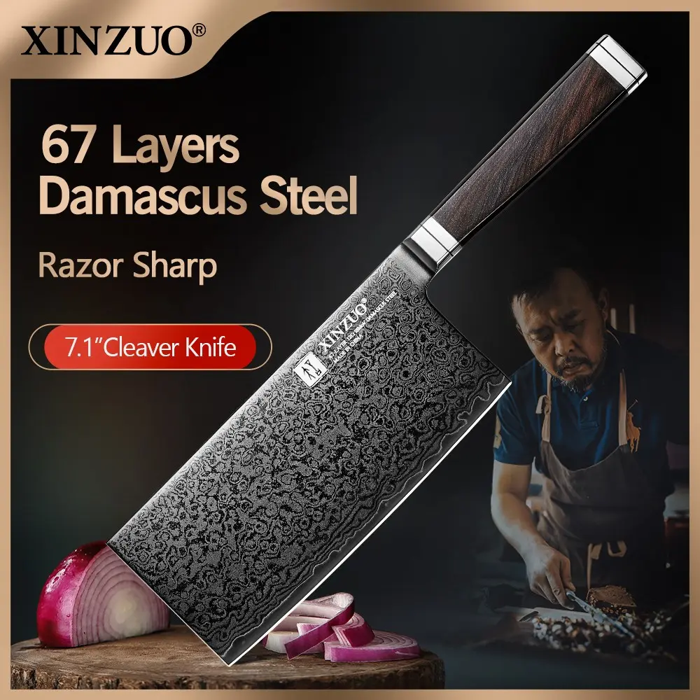 XINZUO 7.1 Inch Cleaver Knife, 67 Layers Damascus Steel, Elegant Patterned Blade, Versatile Cutting Tool for Meat, Fruits, Vegetables