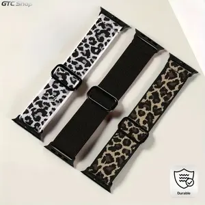 3-Pack Elastic Nylon Smartwatch Straps, Adjustable Solo Loop Wearable Accessories, 38-49mm Sizes (Leopard & Solid Colors), Nylon Strap Set 1 for Sports Use