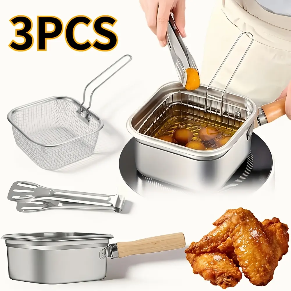 Square Stainless Steel Pan With Fry Basket, 3 Pieces Set, Utensils, Top Kitchen Gadgets
