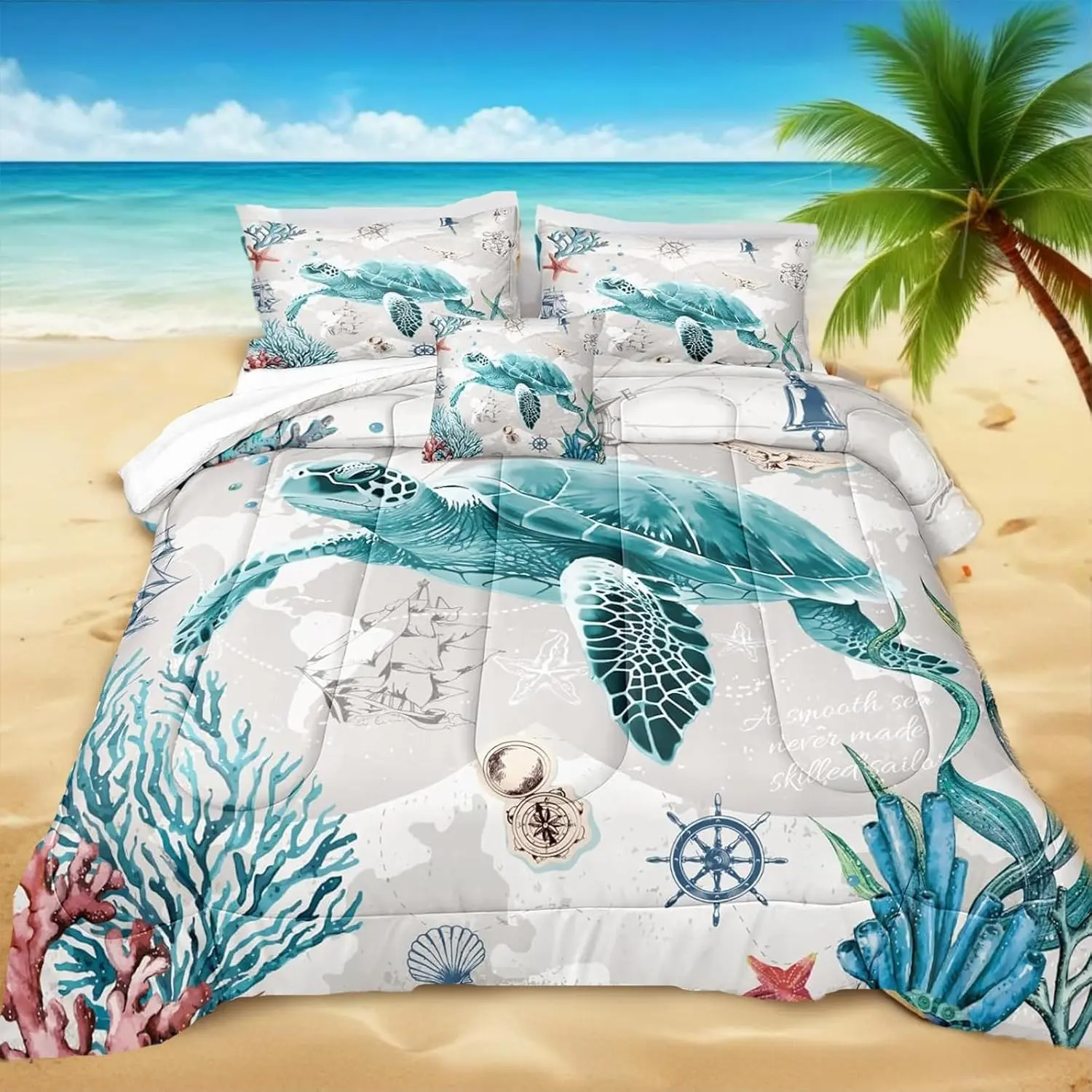 Nautical Bedding Set Turtle Comforter Set King Size Beach Comforter Set Soft Microfiber Sea Life Ocean Bedding Quilt Set Coastal Beach Theme Bedding Set(Turtle,King)