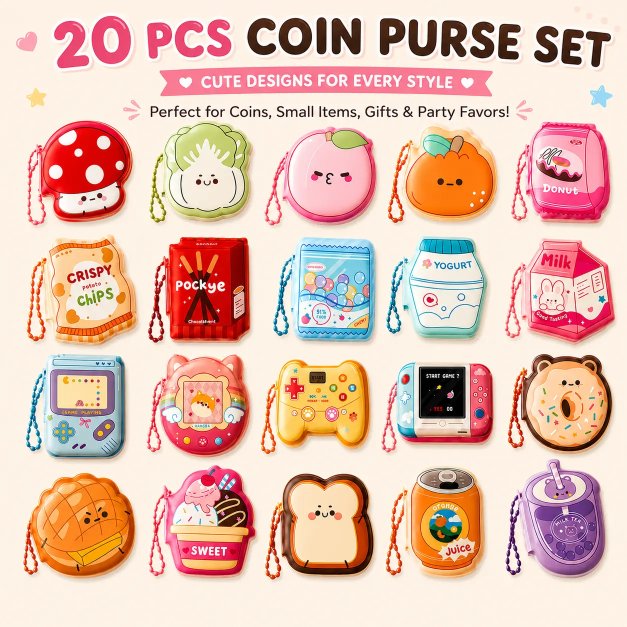 ONESHOW HOME 20-Pack Kawaii Shapes Paper Sticky Notes with Chain Carry, Colorful Mini Memo Pads (5 Series, 20 Styles) for School/Office, Journaling, Gifting