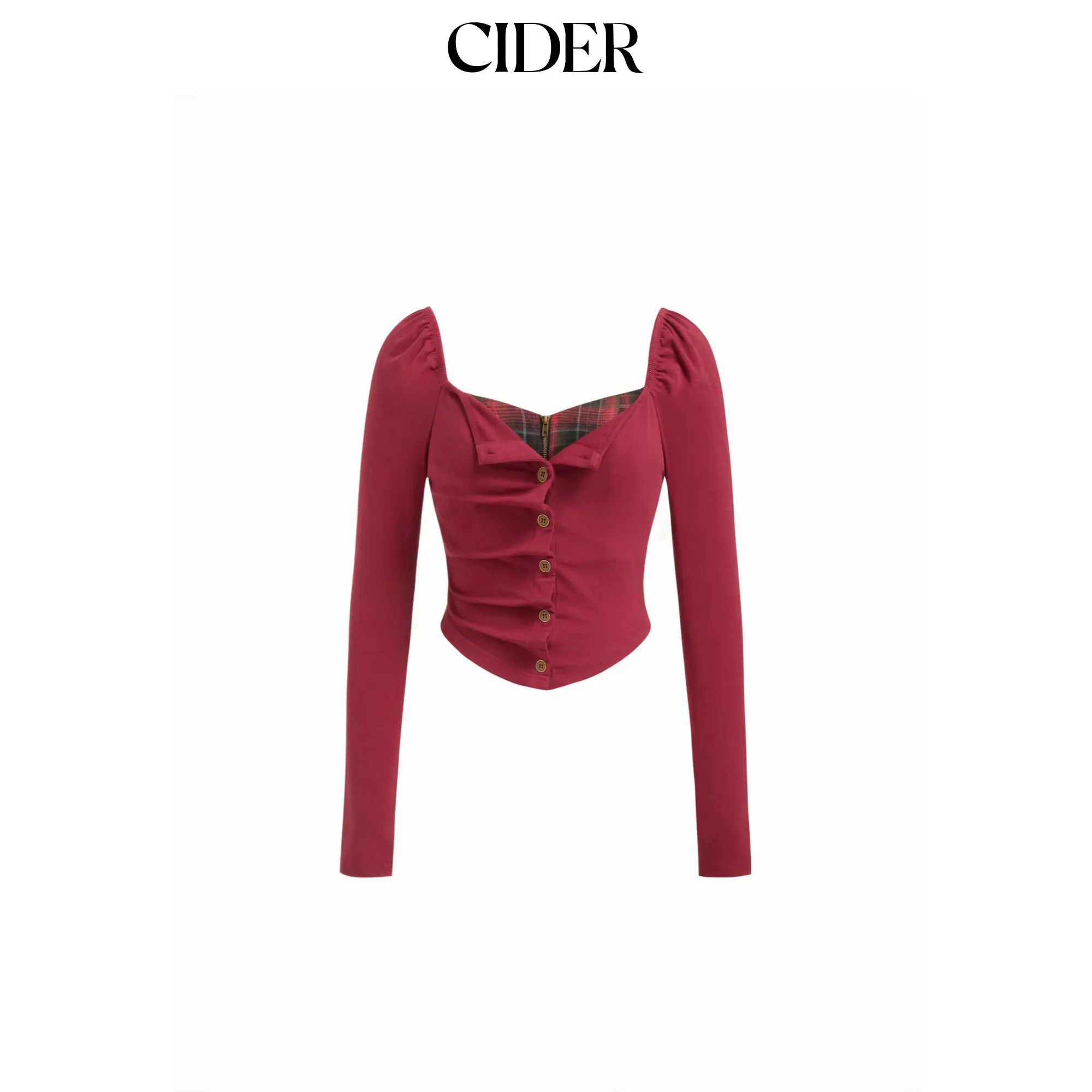 Cider Cotton-blend Sweetheart Neck Plaid Puff Sleeve Button Front Top SohoChic