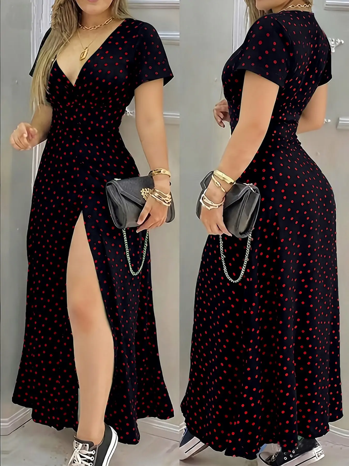 Elegant Boho Bohemian V-Neck Polka Dot Print Dress, Summer Fashion Short Sleeve Waist Cinch Split Dress, Slim Fit Party for Women