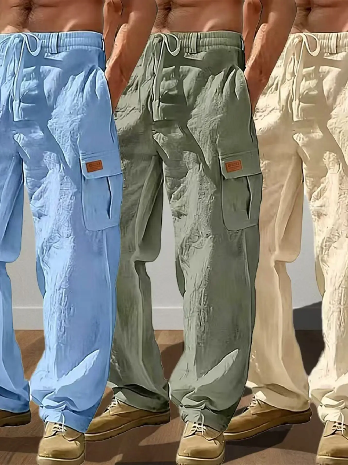 Men's Linen Work Pants, Drawstring Multi-Pocket Straight Leg Design, Breathable Plain Casual Cargo Pants, Suitable for Outdoor and Beach Leisure, Three-Piece Set