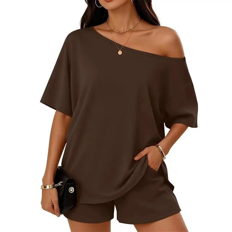 Women’s Popular 2 Piece Matching Lounge Suit, Oversized Off Shoulder Short Sleeve Top and Drawstring Shorts Set, Casual Urban Streetwear, Multi-scene Daily Home Vacation Outfit