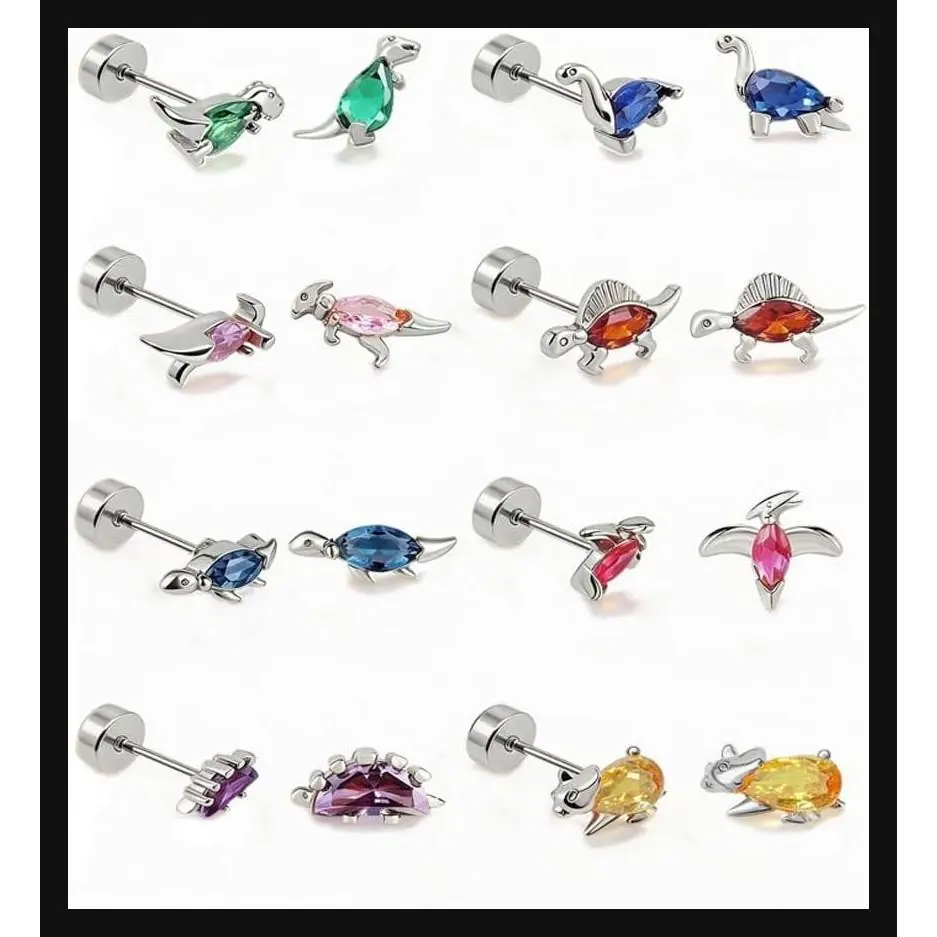 8 Pairs Hypoallergenic 20G Surgical Stainless Steel Flat Back Stud Earrings with Screw Back, Cute Dinosaur Cartilage Earrings for Sensitive Ears, Women's Piercing Jewelry