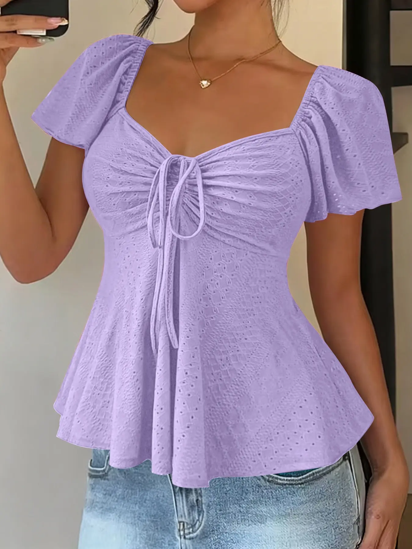10 Color Hollow Out Embroidered Ruffle Waist Women's Top, Square Neck Heart Shape Collar, Short Sleeve Slim Fit Summer Shirt