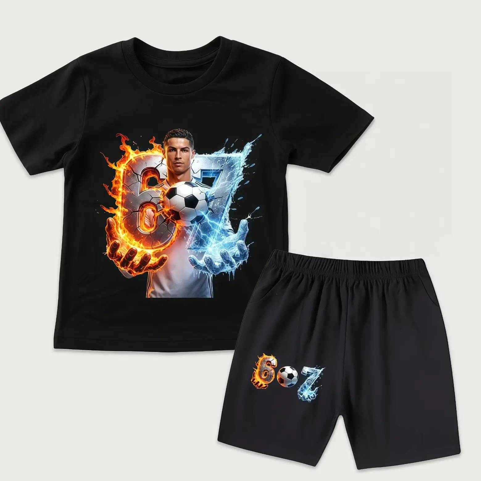 CR7 Ronaldo 67 Kids Cotton T-Shirt & Shorts Set, Breathable Short Sleeve Outfit for Boys Girls, Casual Summer Sportswear, Soft Graphic 2 Piece Clothing Set, Everyday Playwear Gift