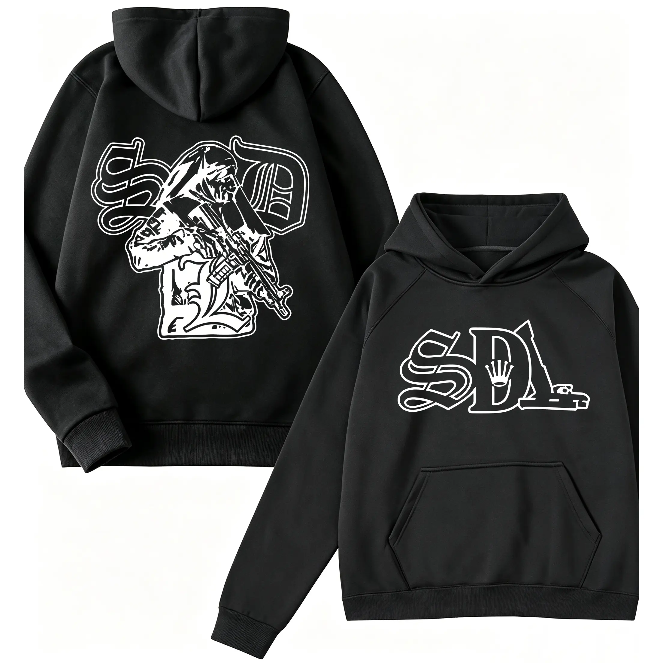 ⛓️ 🖤 Vintage Chicano Hip‑Hop Hoodie, SDL Logo & Warrior Graphic Double Sided Streetwear  For Men