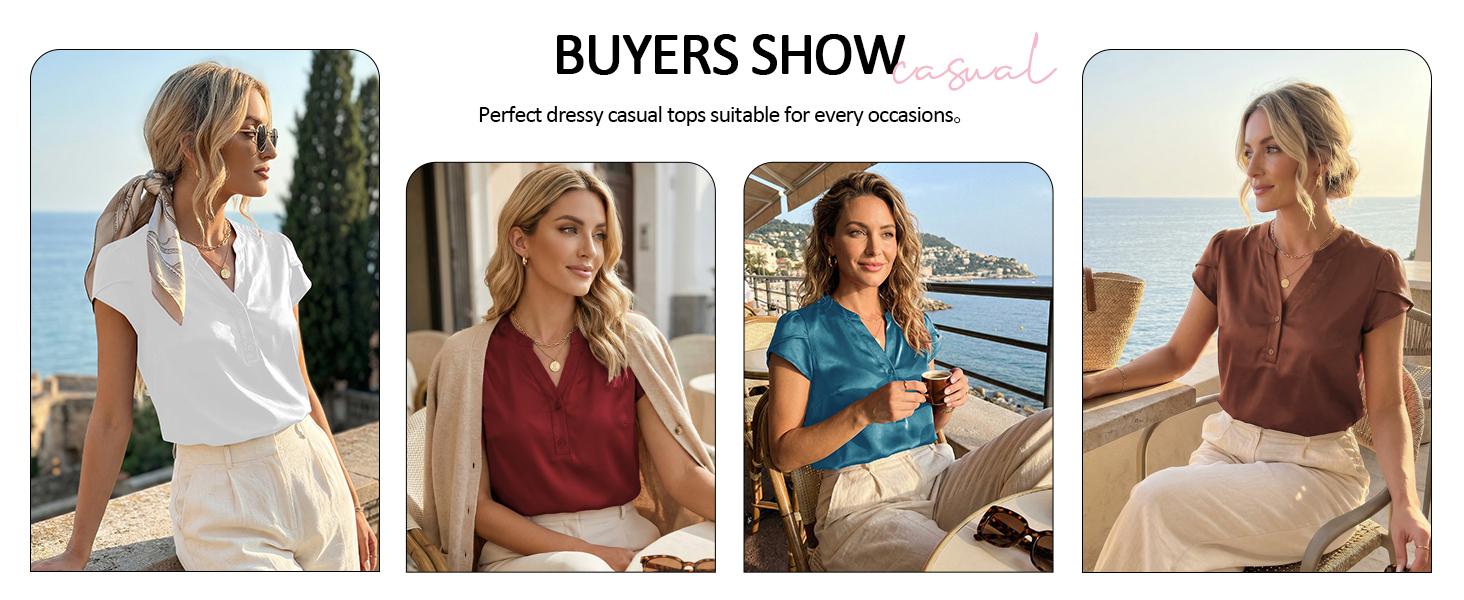 Yousify Women Satin Blouse for Women Business Work Tops Casual Cap Sleeve V Neck Button Down Shirts