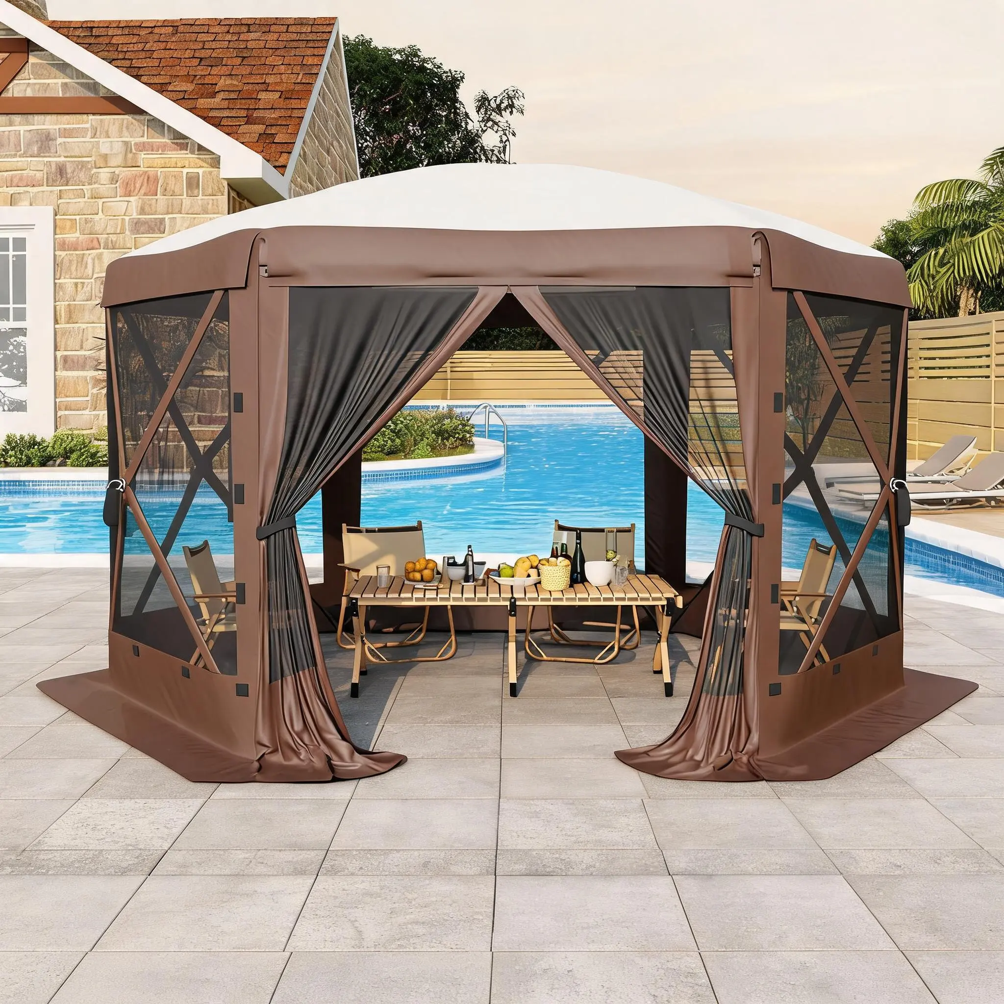 Easy Setup Portable Canopy Tent – 6-Sided Canopy, Mosquito Netting, Removable Wind Panels, UV Protection, Outdoor Shelter for Patio, Backyard, Camping, Parties