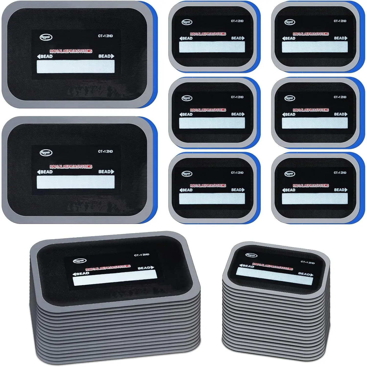 40-Piece Rubber Tire Repair Kit - 2.56x3.15 In & 3.15x4.7 In Rectangle Radial Patches with Spark Plug Socket, High Adhesion for Bikes, Unicycles, Trailers, Vehicles, Tire Repair Kits