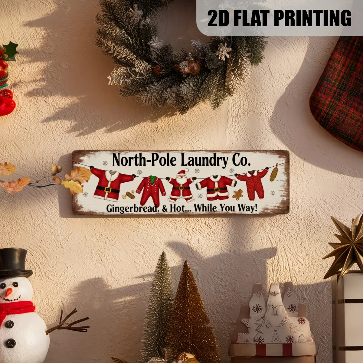 2D Flat 1Pcs Wooden Sign Gingerbread Man Hot Cocoa On Your Way Vintage Christmas Wall Decor Retro Home Hanging Plaque For Kitchen Living Room Xmas Decor