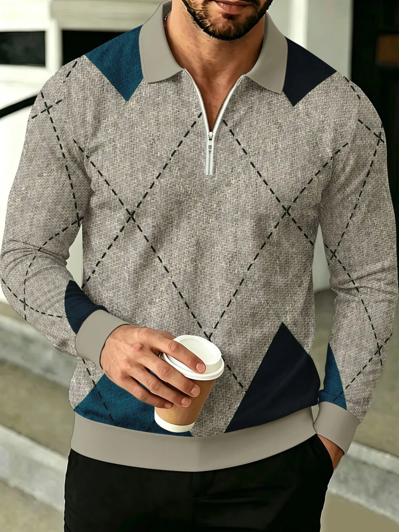 Men's Half-Zip Collar Long Sleeve Polo Shirt, Base Rhombus Geometric Print, Vintage Casual Fit, Daily Wear Commute Top