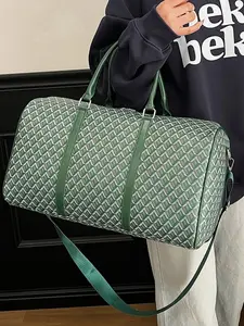 Vintage Geometric Jacquard Large Capacity Cylindrical Travel Bag, Leather Patch Handbag with Detachable Shoulder Strap, Lightweight Luxury Gym Bag