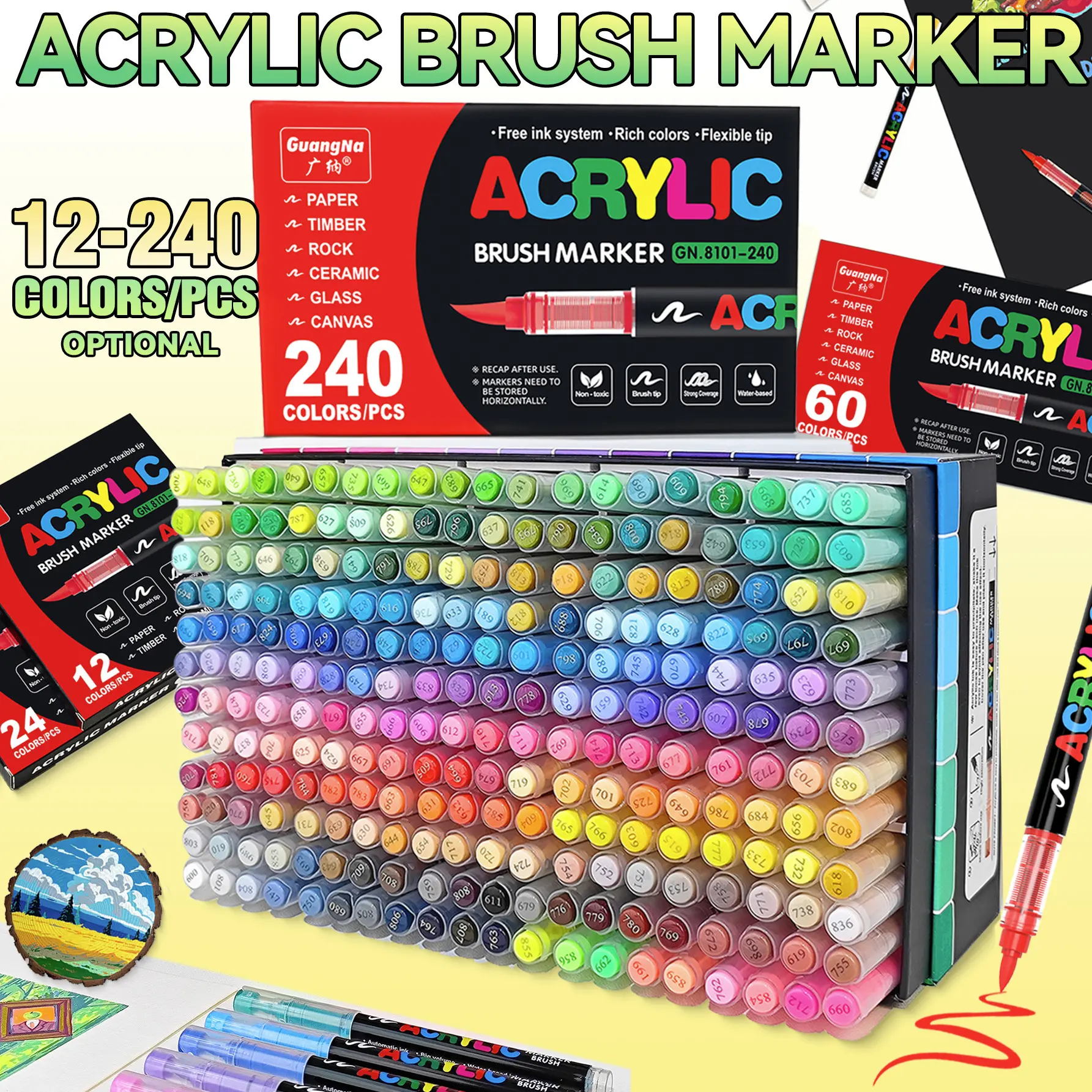 Guangna Acrylic Marker Pen Set, 12-240 Colors, Soft Tip Automatic Ink System, Ideal for Art, DIY, Canvas, Wood, Glass, Fabric, Back-To-School Season