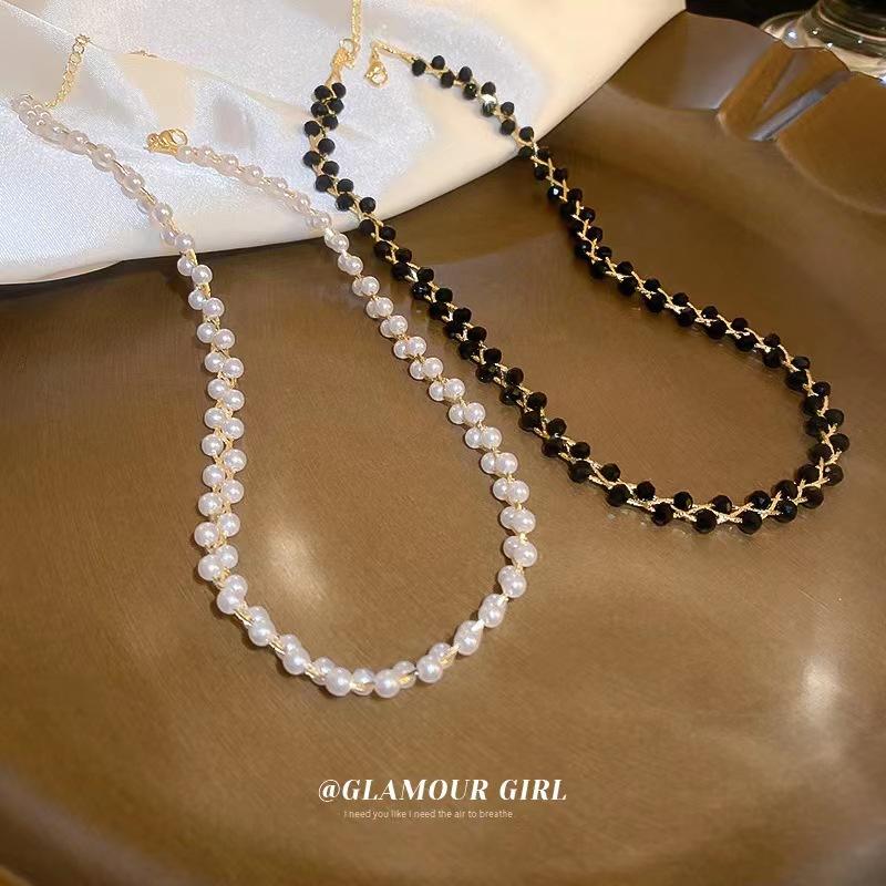 Hand Braided Black Crystal White Pearl Choker | Women’s Light Luxury Personalized Elegant Neck Jewelry | Everyday Style Collarbone Chain evry jewels day collar chainmail Necklace Rosary Bead