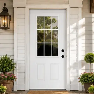 ARCH 32x80 Fiberglass Entry Door with 9 Lite Low-E Glass, 4-9/16 in.Vinyl Frame, White Wood Grain Surface, Left Hand Inswing, Primed Front Door for Home Entrance, Garden & Outdoor Use, Polyurethane Foam Core, White Color Options, Fiberglass Material