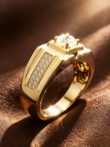 18K Gold Tone Plated Stainless Steel Men Solitaire Signet Ring, Round Center Cubic Zirconia, Double Side Paved Small CZ Geometric Wide Band, Hypoallergenic Tarnish Resistant Wedding Business Luxury Statement Jewelry Gift For Guys