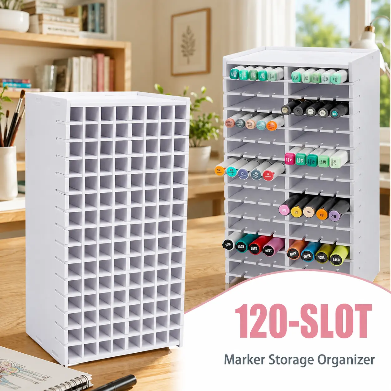 120SLOTS Marker Storage Organizer - Adjustable Storage Box with Removable Dividers, 13.38"H x 6.88"W x 5.1"D Multifunctional Home Office Organizer for Kids' Art & Desk Use
