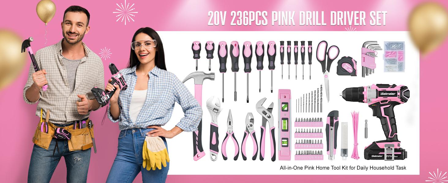 Bielmeier 20V 236Pcs Cordless Pink Drill Set - Essential Women's Pink Tool Set, Lady's Basic Home Tool Kit with Pink Tool Bag - All in One Pink Tool Kit Ideal for DIY, Home Improvement