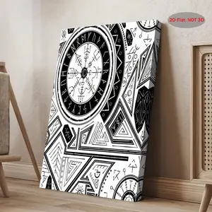 2D Print, 1 Piece Viking Vegvisir Rune Compass Wall Decor - Nordic Rune Symbols and Viking Knot Rune Staff (Rúnir) printed on a large canvas frame - Viking Era Inspired Black and White Scandinavian Decor, Suitable for Office, Nordic Gift (2D Print)