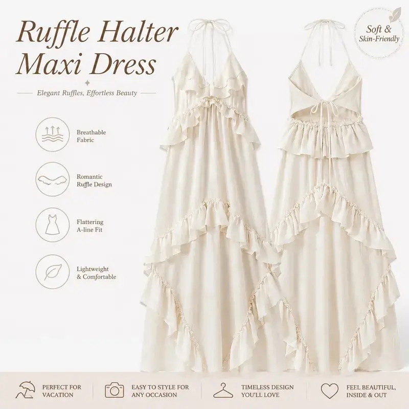 Women's Halter Backless Ruffle Dress - Solid Color Fashion Apparel with Tie Knot, Flowy Dacron for Summer Vacation, Beach, and Birthday Dresses, Beachy Resort Party Dresses, Drawstring