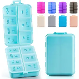 NEW Foldable & Double Protection Portable Weekly Pill Organizer 2 Times Day with Etched Labels, AM PM 7 Day Week Medicine Box, Daily Travel Pill Case Dispenser for Vitamin, Supplement - Sky Blue