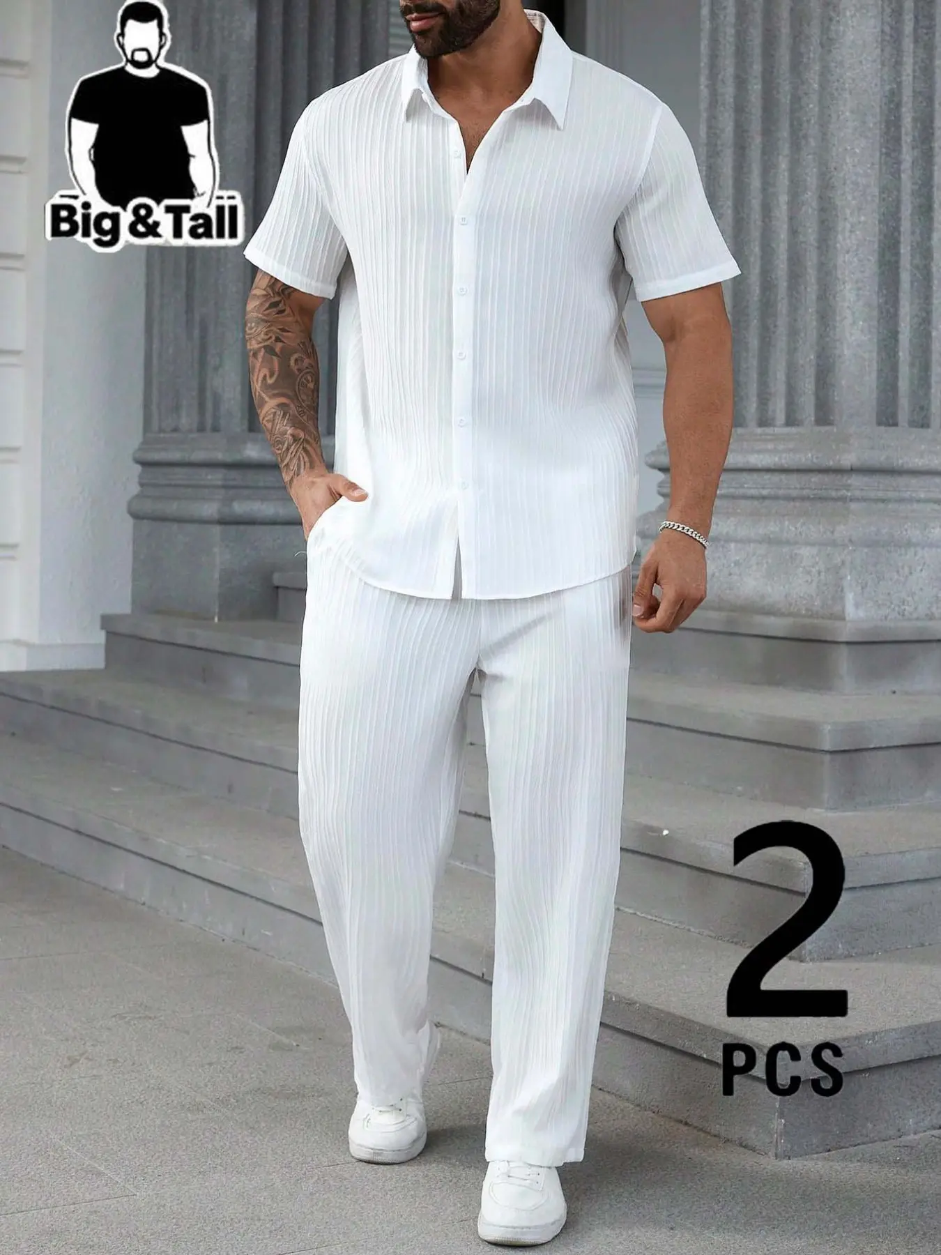 2 PCS Big And Tall Men's White Classic Vertical Ribbed Textured Matching Outfit, Lapel Short Sleeve Button Front Shirt Straight Leg Long Pants Co Ord Set, Loose Casual Leisure Daily Two Piece Suit, Plus Size Vacation Outfit