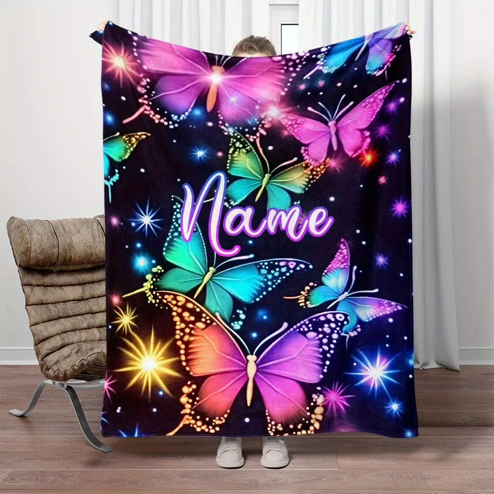 1 Dreamy Colorful Butterfly Custom Name Portable Blanket – Lightweight Fleece Sofa Blanket, Perfect for Sofas, Beds, Travel, Camping, Living Rooms, Offices, Chairs, and Beds.Made of soft, warm fleece fabric with digital printing technology, Living Room De