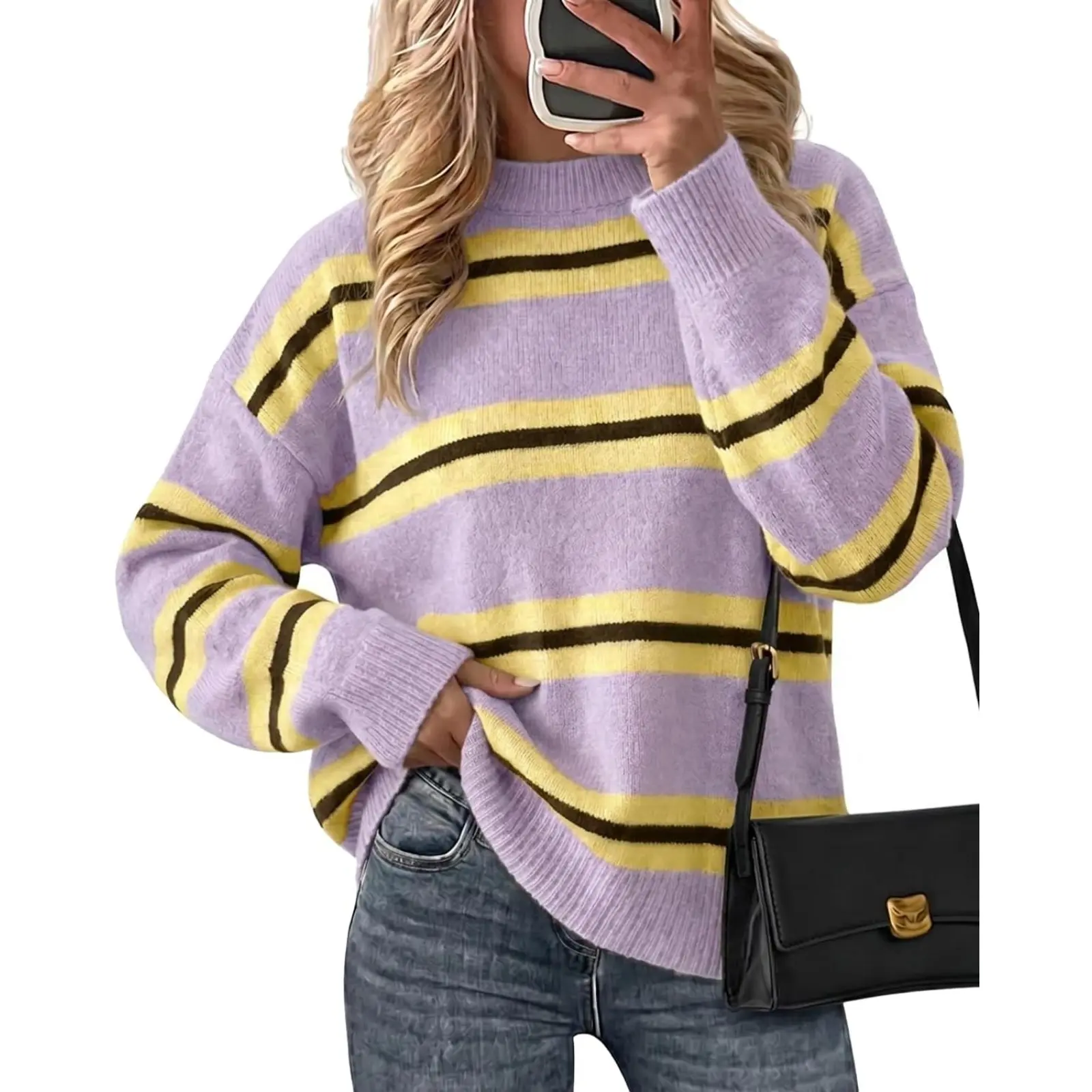 Cicy Bell Womens Striped Pullover Sweater Casual Lightweight Knit Color Block Sweaters Tops Loose Fit Crew Neck Pullover