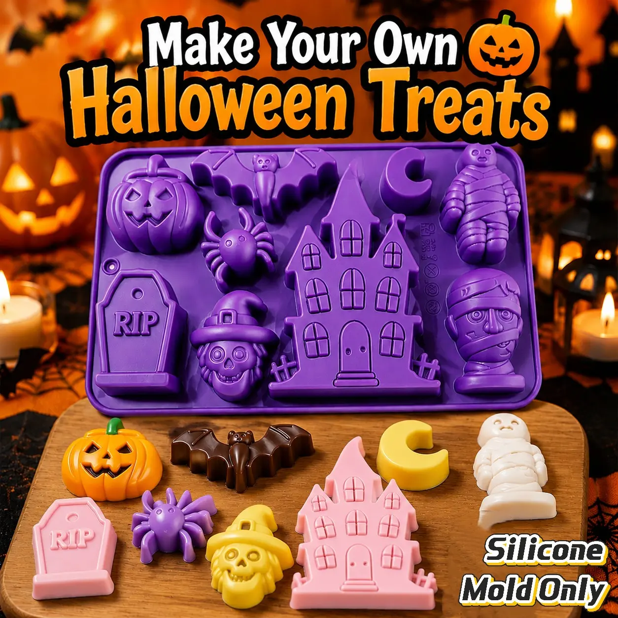 Halloween Silicone Chocolate Mold, Multi-Functional Food Grade Silicone Mold, Skull Pumpkin Spider Bat Castle Cat Broom Mummy, Party Home Use