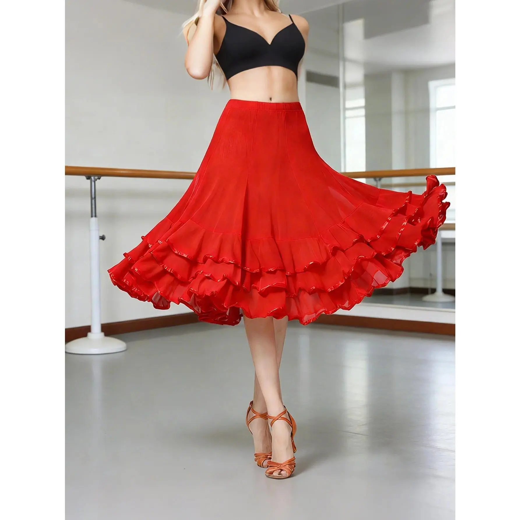 Women's Ballroom Dancing 360 Degree Long Swing Latin Salsa Rumba Flamenco Dance Skirts for Practice