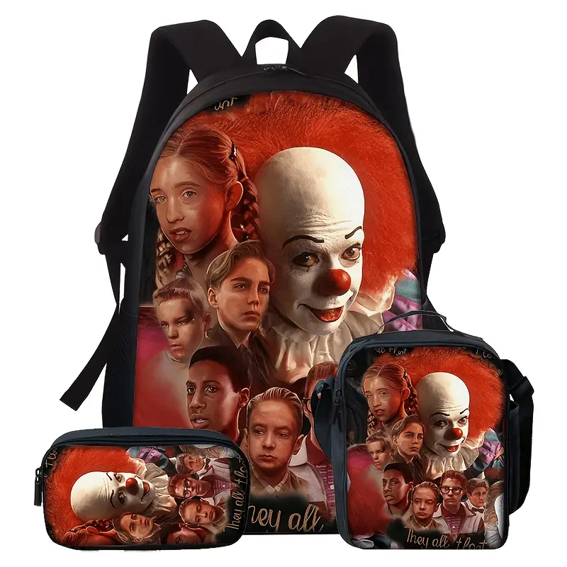 Unisex 3-Piece Casual Backpack Set - Backpack with Breathable Padded Straps, Insulated Lunch Bag, Zipper Pencil Case, Durable Water-Resistant, Pennywise & Losers' Club Character Collage Print, Back to School School Supplies