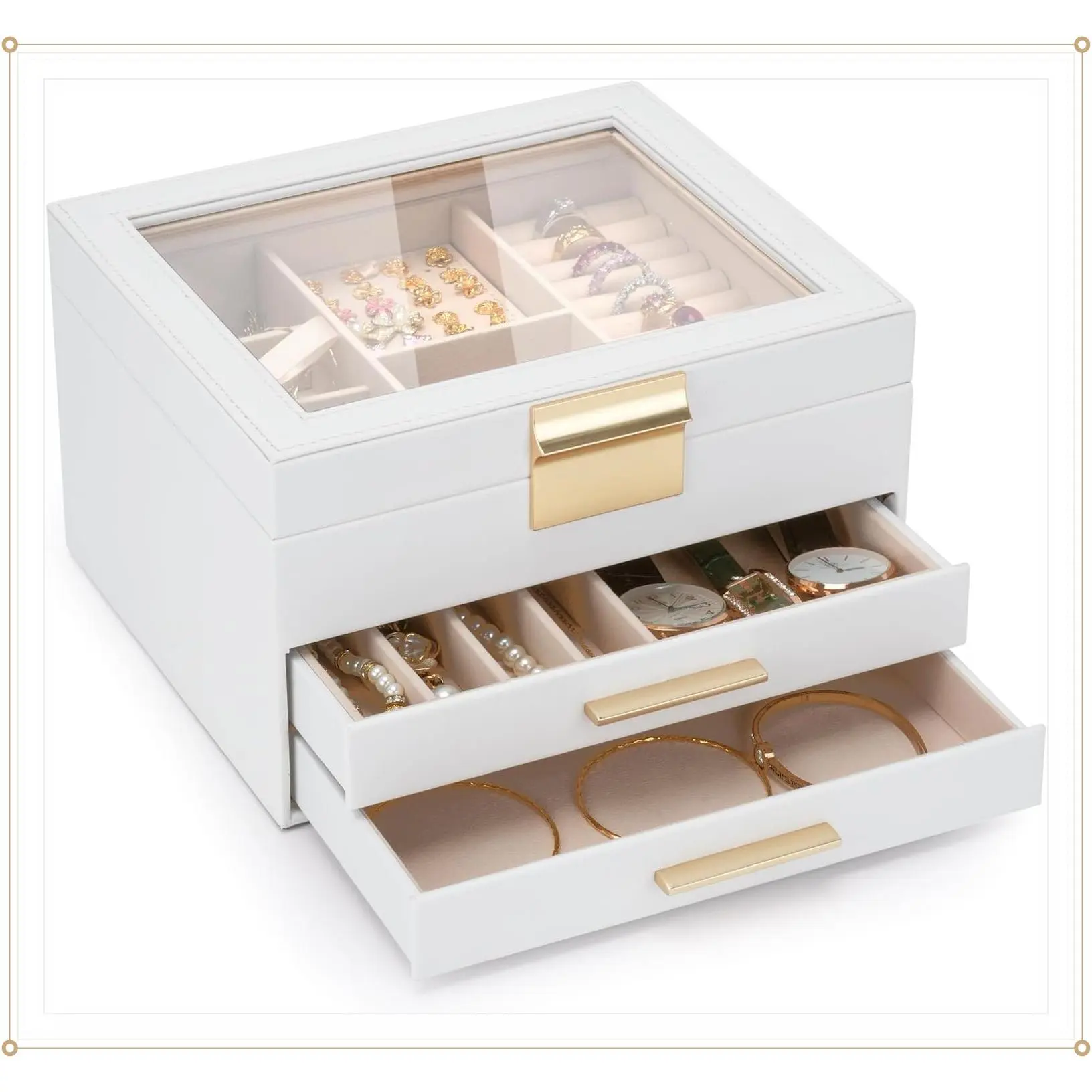 3-Layer Jewelry Box Organizer for Women with Clear Glass Lid and Drawers, Storage for Necklaces, Rings, Earrings, Bracelets - WhiteGift