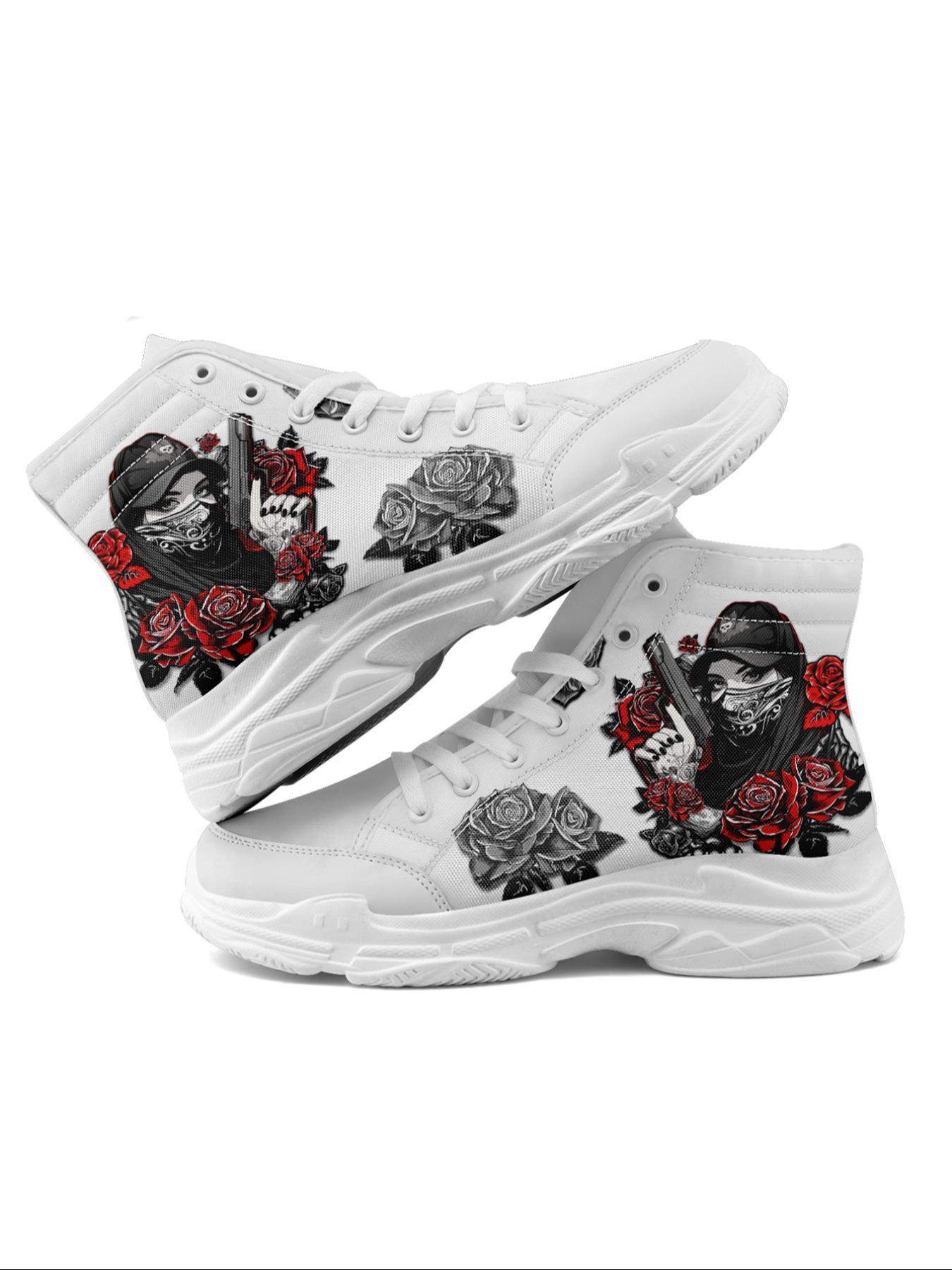 Women's Fashionable Rose & Lady Pattern Lace Up High Top Sneakers, Casual Comfortable Sports Shoes for Daily Wear, Breathable Non-slip Shoes for All Seasons