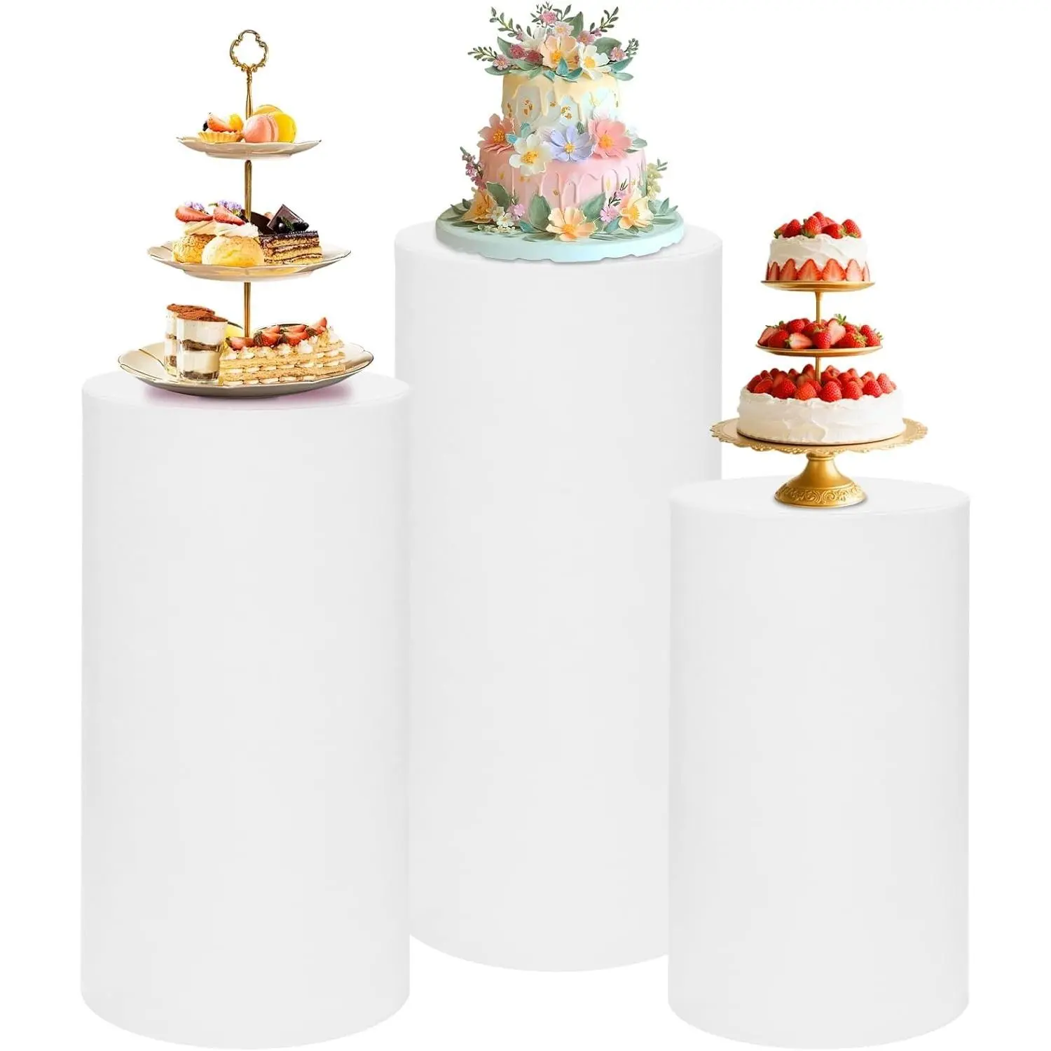 Cylinder Pedestal Stand Covers Set of 3 Spandex Display Pedestal Covers Round Plinth Pillar Cover for Birthday Party Wedding Baby Shower Decor(White,Only Covers)